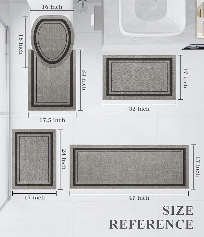chakme 5 Piece Bathroom Rug Sets, Ultra Thin Bath Mat,Absorbent Non Slip, Durable,Geometric Pattern, Dark Grey, 17" x 24"/17" x 30"/17" x 59"