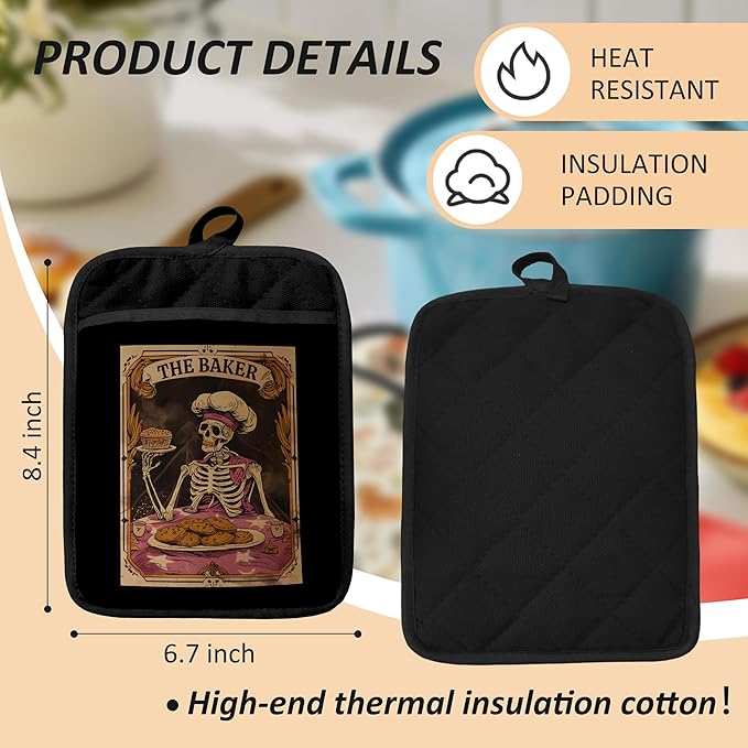 Funny Gothic Skeleton Baker Pot Holders for Kitchen, Gifts for Baking Lovers, Witchy Tarot Card Goth Skull Heat Resistant Hot Pads and Oven Mitts for Baking Cooking