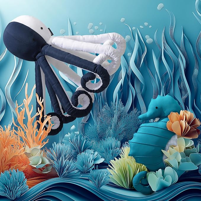 Phantoscope Outdoor Octopus Shaped Throw Pillow, Decorative Waterproof Pillows for Outdoor Patio Furniture, Beach Cushion Pillows, Blue and White 29.5 x 8 Inches