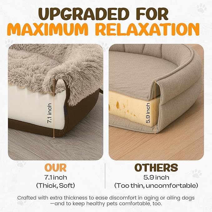 Miorun Fluffy Orthopedic Dog Bed for Small & Medium Dogs, Calming Plush Sofa Bed with Curved Bolster Support and Egg-Crate Foam Base, 35" Cozy Oval Pet Donut Bed with Washable Cover, Coffee
