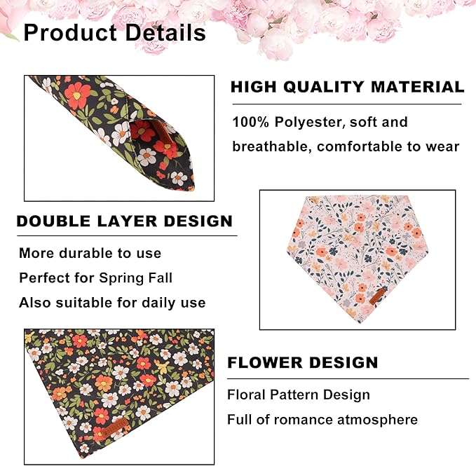 ADOGGYGO Floral Dog Bandana, Black Pink Flower Pet Scarf, Premium Durable Fabric, Cute Floral Bandanas for Medium Large Dogs (Large)