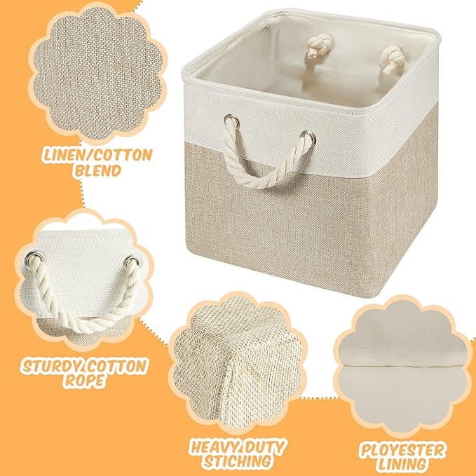 Geiserailie 6 Pcs 11 x 11 Inch Cube Storage Bins Fabric Storage Organizer Bins Foldable Cube Baskets with Sturdy Carry Handles Wicker Baskets for Home (White,Light Brown)