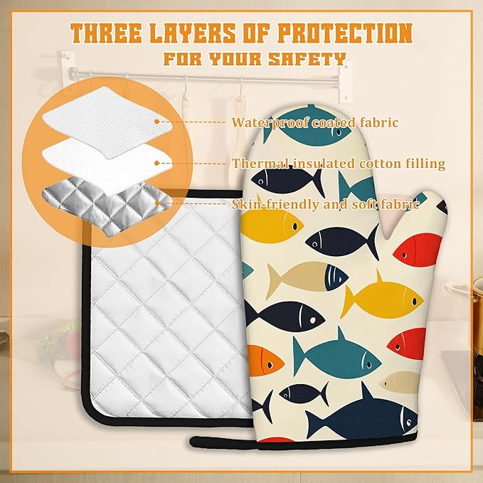 Cute Fish Oven Mitts and Pot Holders Set,Boho Kitchen Decor Heat Resistant Non Slip Hot Pads and Oven Mitt for Chef Cooking Baking BBQ Mom Girl Gifts(4 Piece Set)