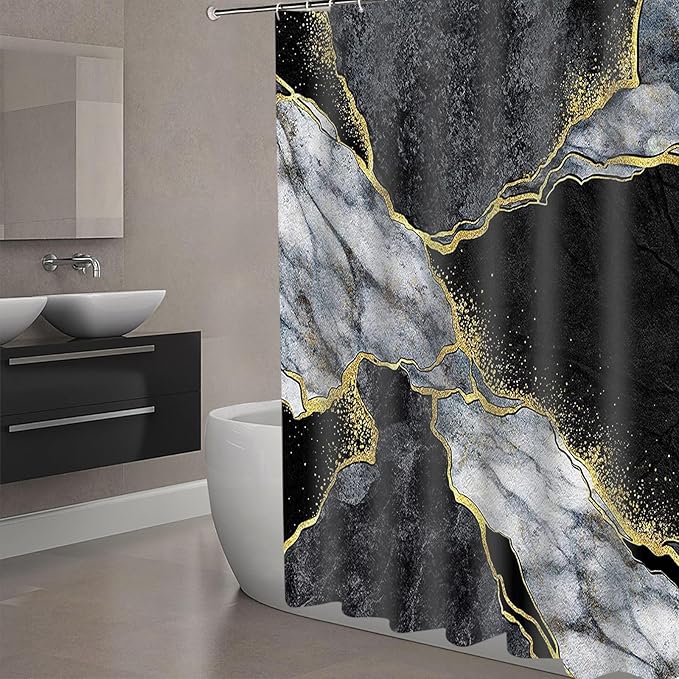 Domoku Marble Waterproof Shower Curtain with Hooks, Machine Washable Easy-Care Fabric Bathroom Curtain for Tub or Shower (Black, 72" W x84 L)