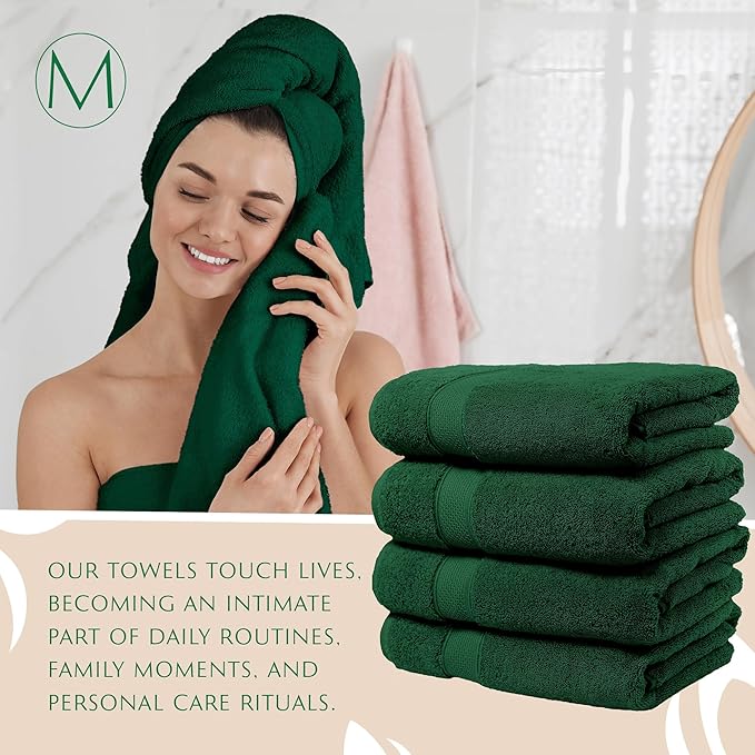 MAURA Hunter Green Extra Large Turkish Cotton Luxury Bath Towels Set of 4. Ultra-Soft, Thick & Plush Towels for Bathroom - Dark Green
