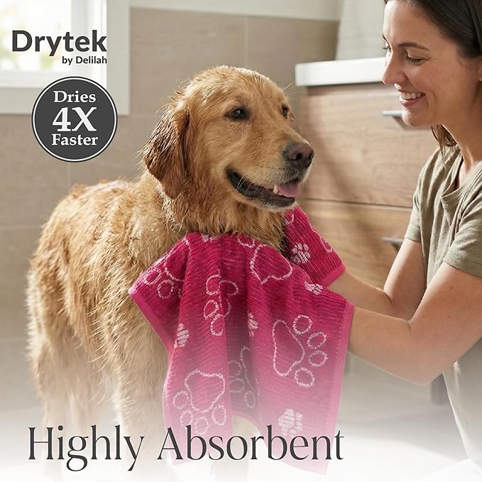 Delilah Home Drytek Dog Towel, Faster Drying, Ultra Absorbent & Odor-Resistant Dog Drying Towel Made from Recycled Bottles, Large 30x54, Quick-Dry & Sand-Resistant for Bath, Beach & Travel (Pink)