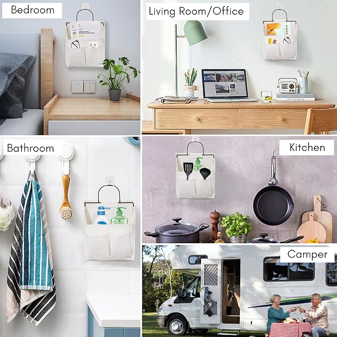 Kanrichu 2pcs Wall Hanging Organizer Bag, Linen Fabric Door Hanging Storage Basket with Pockets, Waterproof Bin for Kitchen, Bedroom, Office, RV Camper (White)
