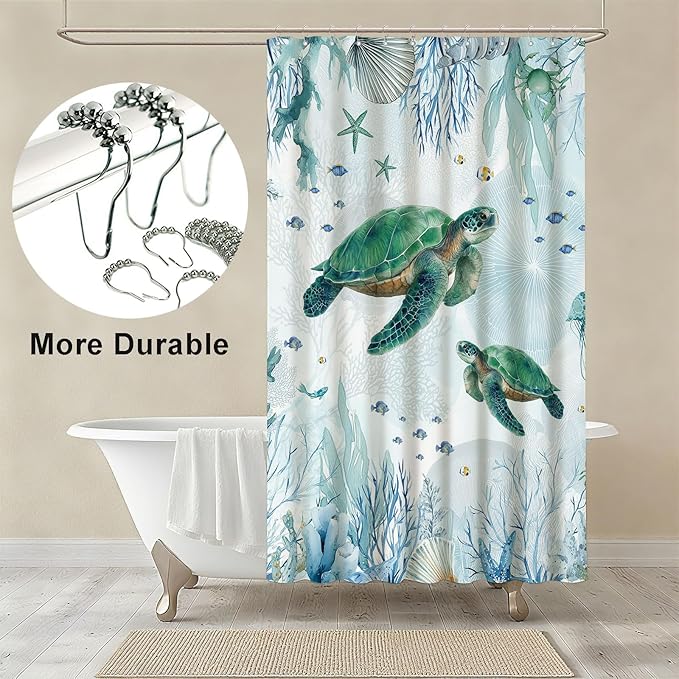 mutakin Green Sea Turtle Shower Curtain Teal Blue Coastal Shower Curtains for Bathroom Waterproof Fabric Bath Curtain Decor with Hooks
