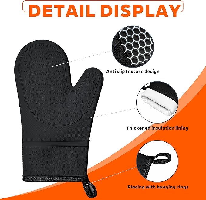 1 Pair Silicone Oven Mitts, Heat Resistant to 500°F, BPA-Free, Waterproof Oven Gloves with Quilted Cotton Lining, Non-Slip Grip for Cooking, Baking, Grilling (Black)
