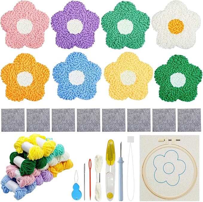 Allazone 8 PCS Punch Needle Coasters Kit, Flower Embroidery Punch Needle Kits, Punch Embroidery Kit with Felt Yarns Hoop Tools for DIY Crafts