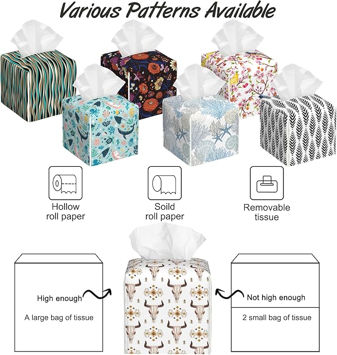 Watercolor Bull Cow Skull Tissue Box Cover Square,Tissue Box Holder with Belt Bottom,Stylish Leather Napkin Holder for Vanity Countertop,Nightstands,Office Desk,5.2"×5.2"×5.2"