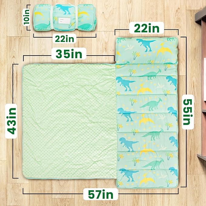 Beavtaens Toddler Nap Mat with Pillow and Minky Blanket, Large 55"x35" Sleeping Bag, Washable, Lightweight, Easy to Roll, Perfect for Preschool, Daycare, Kindergarten, Travel, Boys and Girls(Dinosaur)