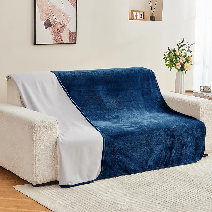 Yaning Waterproof Blanket 80"x90" for Adults, Reversible Waterproof Bed Cover for Dogs Cats Pets, Soft Leakproof Blanket for Bed Couch Sofa Furniture Protector, Navy Blue/Light Grey