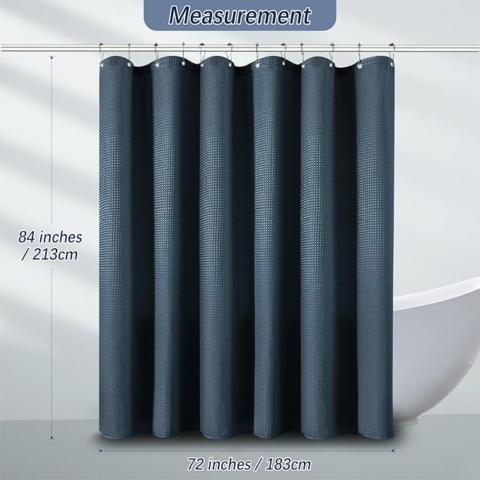 PANGSINNE Long Blue Shower Curtains for Bathroom Waffle Weave 84 Inches Length Heavy Duty Fabric Navy Shower Curtain, 256GSM Waterproof Luxury Shower Curtain with 12 Hooks, 72Wx84H Navy Blue