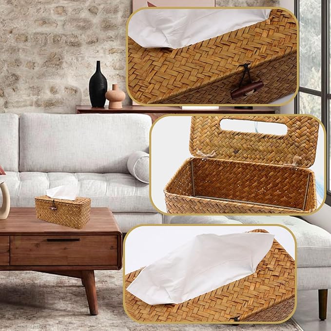 Shonmogar Tissue Box Cover Rectangle Seagrass Tissue Box, Woven Tissue Box Holder with Lid, Farmhouse Style Tissue Cover for Bathroom Toilet Living Room Bedroom Kitchen Table Desk Office Car, Caramel