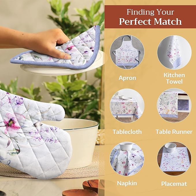 Maison d' Hermine Pot Holders Set 100% Cotton Heat Resistant Potholders 8" x 8" Hot Pads with Loop BBQ, Cooking, Baking, Grilling, Kitchen, Handling Hot Pans Spring/Summer (Pack of 2, Summer Floral)