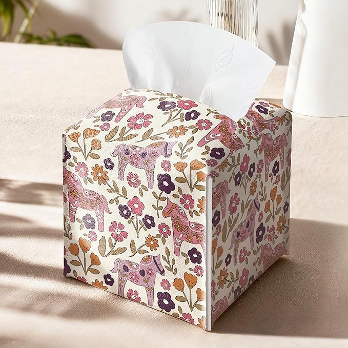 Pink Tissue Box Holder, Pink Floral Dala Horse Leather Tissue Box Cover Square, Paper Napkins Everyday Dispenser for Bathroom Vanity Countertop Night Stands Kitchen Office Home Decor