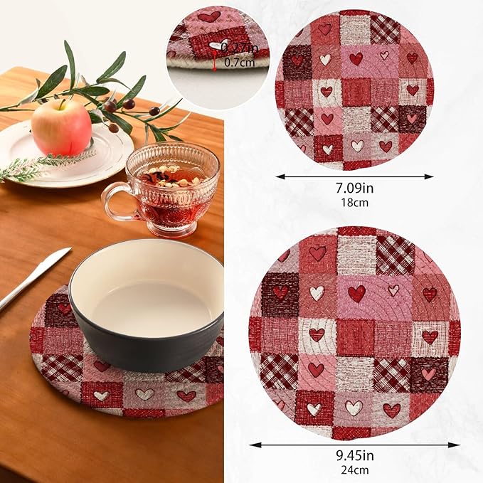 Valentine's Day Pink Hearts Trivet Mat 2PCS Plaid Tartan Round Woven Potholders Kitchen Table Countertop Protector Hot Pads Farmhouse Coasters Counter Mats for Cooking Baking