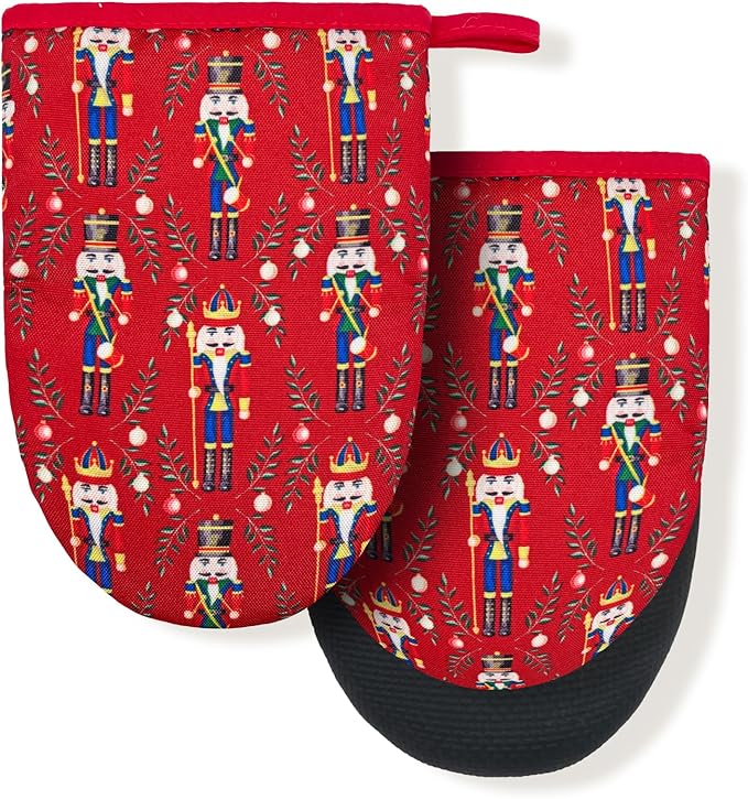 Christmas Nutcracker Toy Soldiers King Mini Silicone Oven Mitts, Heat Slip Resistant Kitchen Gloves 2-Pack Set, Soft Short Small Oven Mittens Pot Holders for Baking Grilling Barbecue Microwave Gift