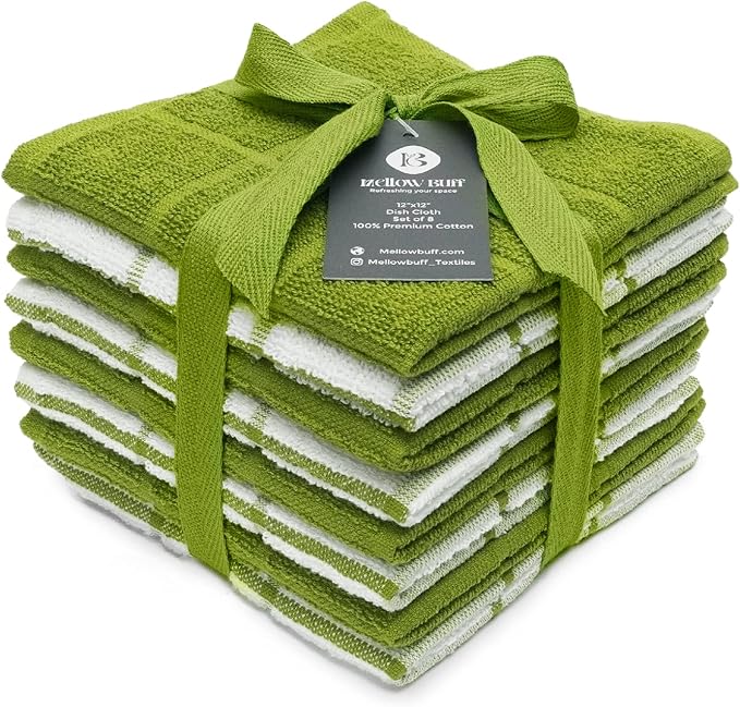 Mellow Buff 100% Cotton Terry Dish Cloth & Dish Towel, 6 Pack, Super Soft and Absorbent Kitchen Towels, Perfect for Kitchen Cleaning and Dish Washing (Green (Solid and Checks) 8 Pack)