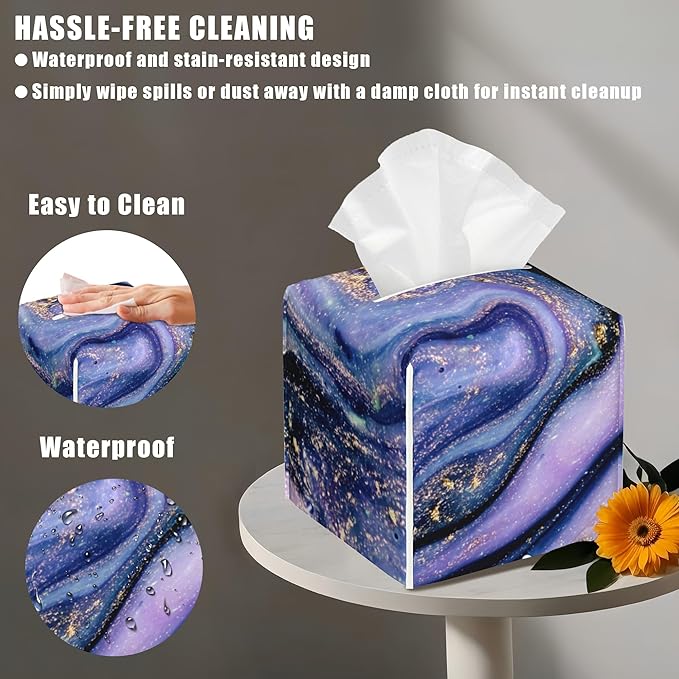 BLYKVGHQ Purple and Gold Marble Tissue Box Cover Square, Abstract Art Tissue Box Holder with Bottom Belt Leather Facial Paper Organizer Dispenser for Bathroom Bedroom Dresser Night Stand Tabletop