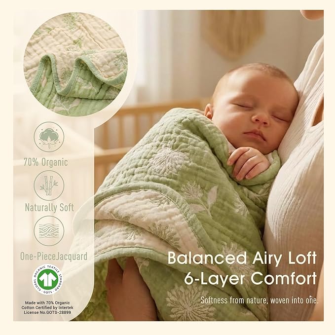 HardNok Ultra Soft Muslin Baby Blanket - Made with Organic Cotton, Earthy Botanicals Jacquard Swaddle & Crib Quilt, 43x43 (Sage Green Floral)