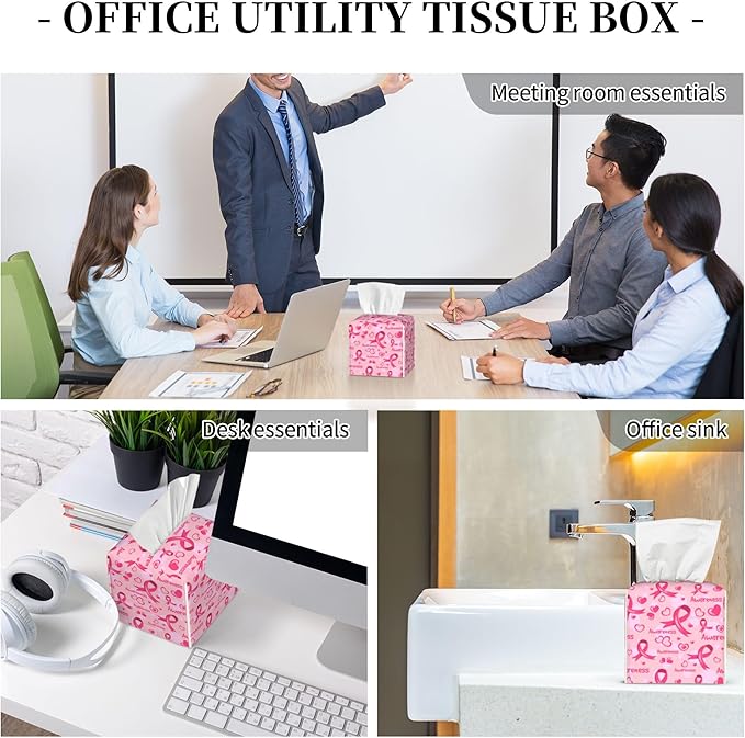 Breast Cancer Awareness Tissue Box Cover Square,Ribbons and Hearts Tissue Box Holder Waterproof Leather Facial Paper Organizer Dispenser for Bathroom Home Car Nightstand Vanity Desk