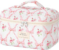 HBselect Christmas Gifts Large Quilted Makeup Bag, Cute Cotton Travel Makeup Bag with Handle, Portable Coquette Floral Make up Bags, Toiletry Organizer Make up Bags for Women Teen Girls Mom