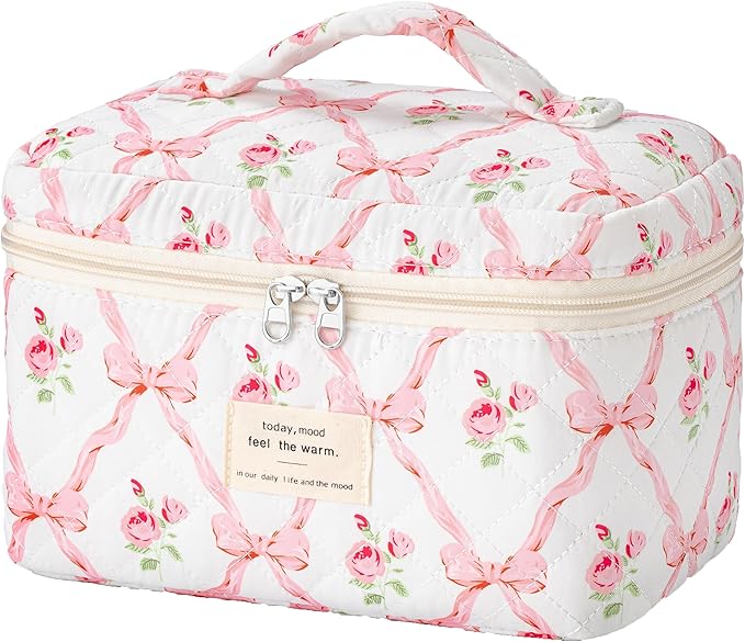 HBselect Christmas Gifts Large Quilted Makeup Bag, Cute Cotton Travel Makeup Bag with Handle, Portable Coquette Floral Make up Bags, Toiletry Organizer Make up Bags for Women Teen Girls Mom