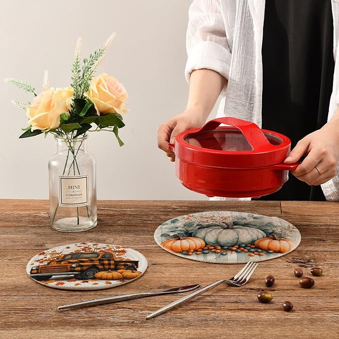 Autumn Pumpkins Trivet Mat 2PCS Fall Leaves Truck Round Woven Potholders Kitchen Table Countertop Protector Hot Pads Farmho