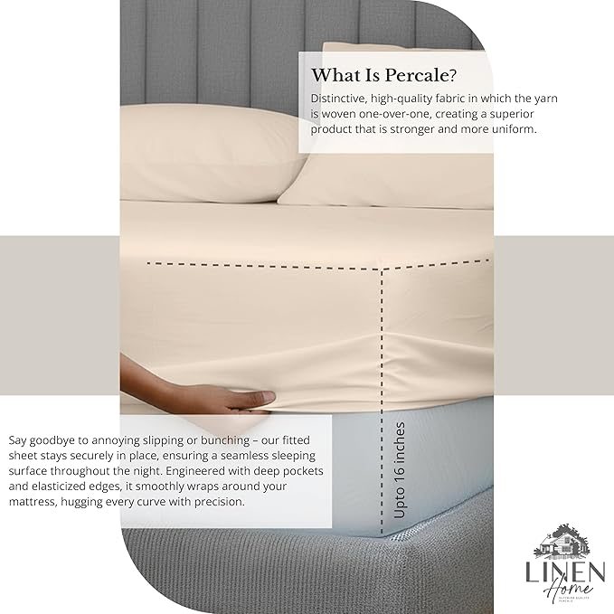 Linen Home 100% Cotton Percale Sheet Set, Cal King Size, Ivory, Deep Pocket, 6 Pieces Set - 1 Flat, 1 Deep Pocket Fitted Sheet and 4 Pillowcases, Crisp Cool and Strong Bed Linen