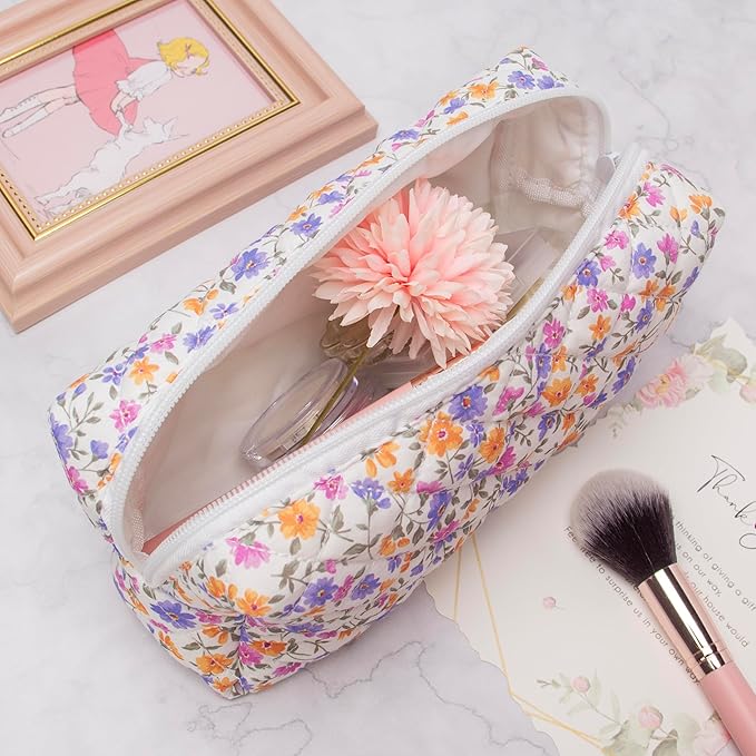 PAZIMIIK 6PCS Vintage Quilted Makeup Bag SET Cosmetic Pouch for Brushes Pencils and Travel Make Up Accessories for Women and Girls,Little flower
