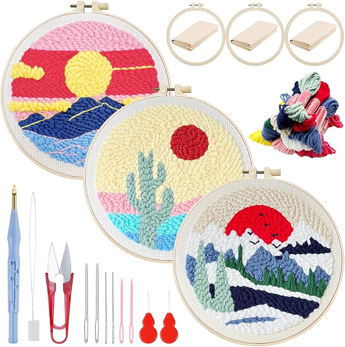 Woohome Punch Needle Kit Included Plastic Hoops, Punch Needle Cloth, Color Yarn and Punch Needle Tools for Adults, Beginners (Sunrise and Sunset)
