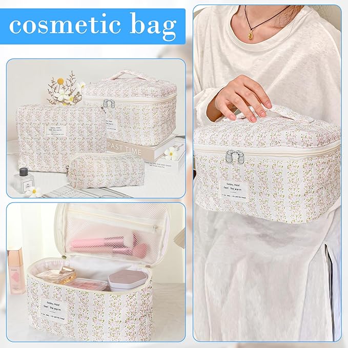 Cozomga Quilted Makeup Bag, Large Capacity Travel Cosmetic Bag for Women and Girls, Aesthetic Storage for Daily and Travel Use (3pcs-pinkleavesflowers)