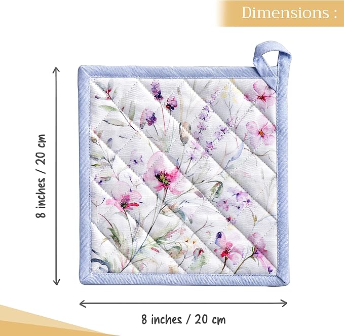 Maison d' Hermine Pot Holders Set 100% Cotton Heat Resistant Potholders 8" x 8" Hot Pads with Loop BBQ, Cooking, Baking, Grilling, Kitchen, Handling Hot Pans Spring/Summer (Pack of 2, Summer Floral)