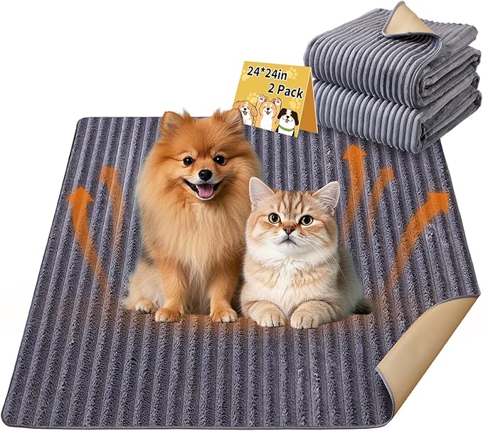 Dog Crate Mat, 2 Pack 24"×24" Flannel Washable Pet Mat for Dogs and Cats, Non-Slip Pet Pad for Kennel Training, Absorbs Urine and Waterproof Pad for Sofa Bed Crate Kennel Car Seat Floor（Gray）