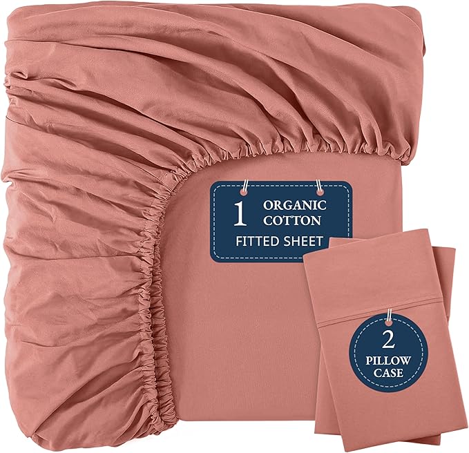 LANE LINEN Twin XL Fitted Sheet, 100% Organic Cotton 2-Piece Set (1 Fitted Sheet, 1 Pillowcase), Percale Weave, Soft, Breathable, Fits Mattress Upto 15" Deep - Rose Dawn (No Flat Sheet)