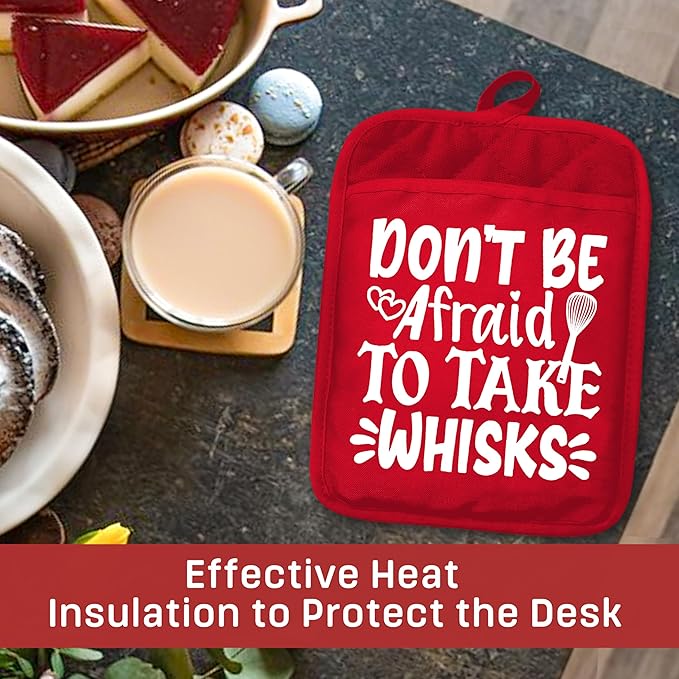 Funny Christmas Baking Pot Holders with Pockets, Don't Afraid to Take Whisks Holiday Christmas Oven Pot Holders Heat Resistant Oven Mitts Hot Pads for Kitchen Baking Cooking