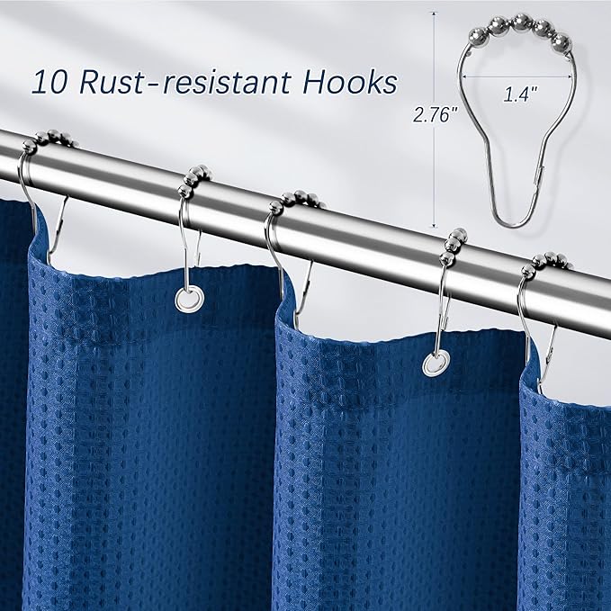 PANGSINNE Classic Blue Fabric Shower Curtain for Bathroom Stall, 60 inche Waffle Weave Machine Washable Waterproof 256GSM Heavy Duty Weighted Bath Curtain Set with 10 Metal Hooks, 60Wx72H