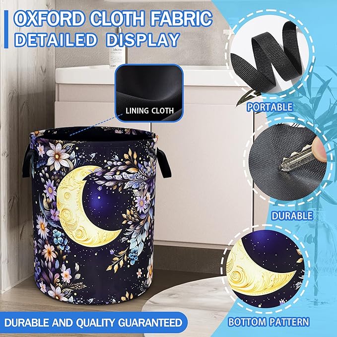 Moon Floral Laundry Basket Oxford Cloth Night Flowers Laundry Hamper With Handle Foldable Portable Clothes Storage Basket 18.9 X 16.5 In Storage Bag For Laundry Room/Bathroom/Bedroom