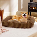 Bedsure Cute Dog Bed for Large Dogs - Washable Furry Puppy Beds, Rectangle Orthopedic Corduroy Fleece Pet Beds with Removable Zipper Cover, 36x27x8inches, Camel Brown