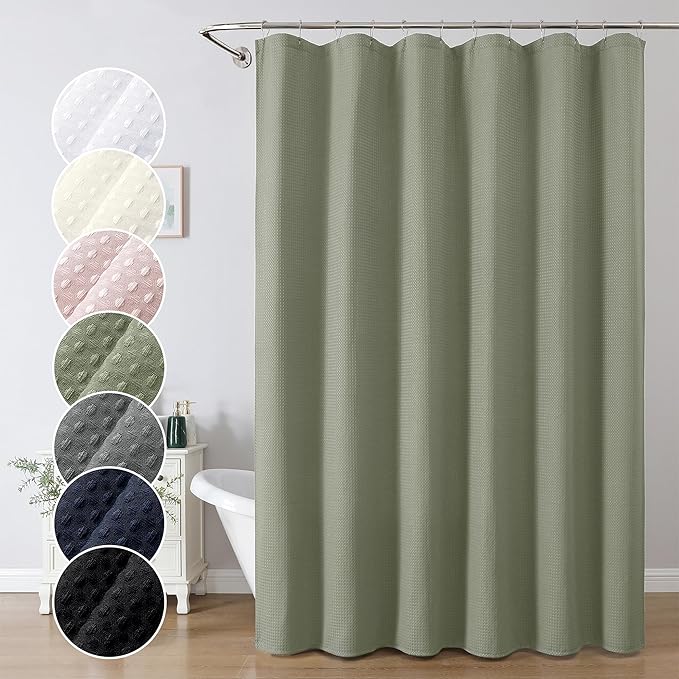 OWENIE Sage Green Shower Curtain 96 Inch Extra Long, Waffle Weave Textured Fabric Bathroom Curtains, Water Repellent Thick Soft Hotel Spa Luxury Elegant Bath Curtain, Machine Washable, 72x96 Inch