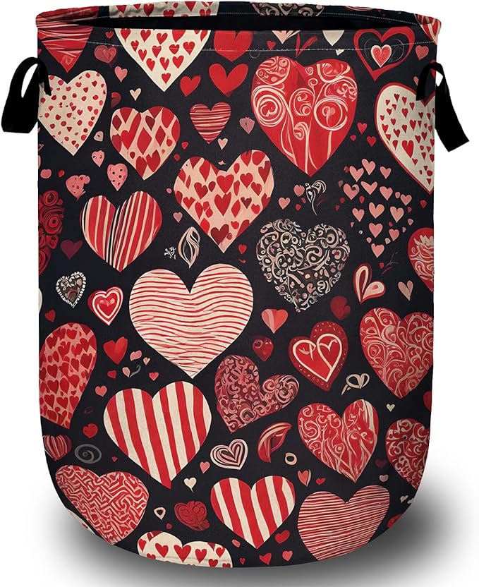 Red Heart Laundry Basket with Sturdy Handles, Collapsible Oxford Cloth Laundry Hamper Organizer Basket for Bathroom Bedroom 15.7x20 Inch