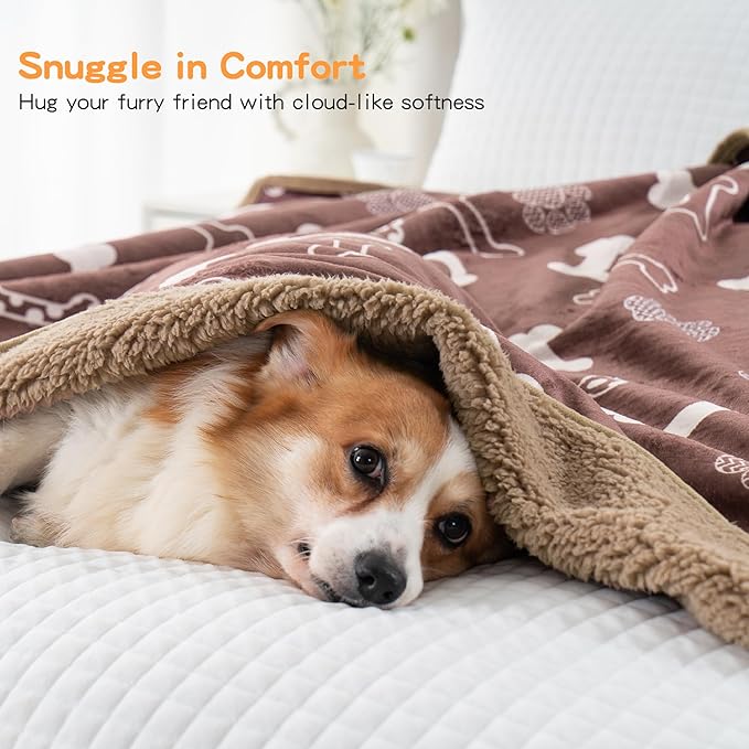 CAPT.SNOOZE Waterproof Dog Blankets Pet Blanket 60"x80", Soft Fluffy Sofa Car Bed Protector, Reversible Sherpa Fleece Dog Blanket for Large Dogs (Chocolate Brown-Bones)