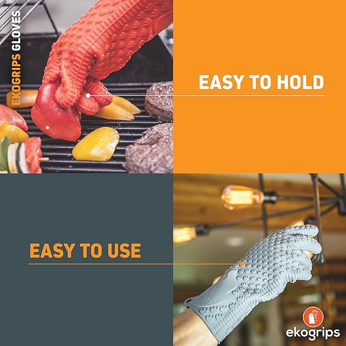 Jolly Green Products Ekogrips Premium Grilling Gloves Heat Resistant BBQ Gloves for Indoor and Outdoor Cooking, Meat Handling Gloves, Kitchen Oven Gloves with Fingers, Silicone Oven Mitts