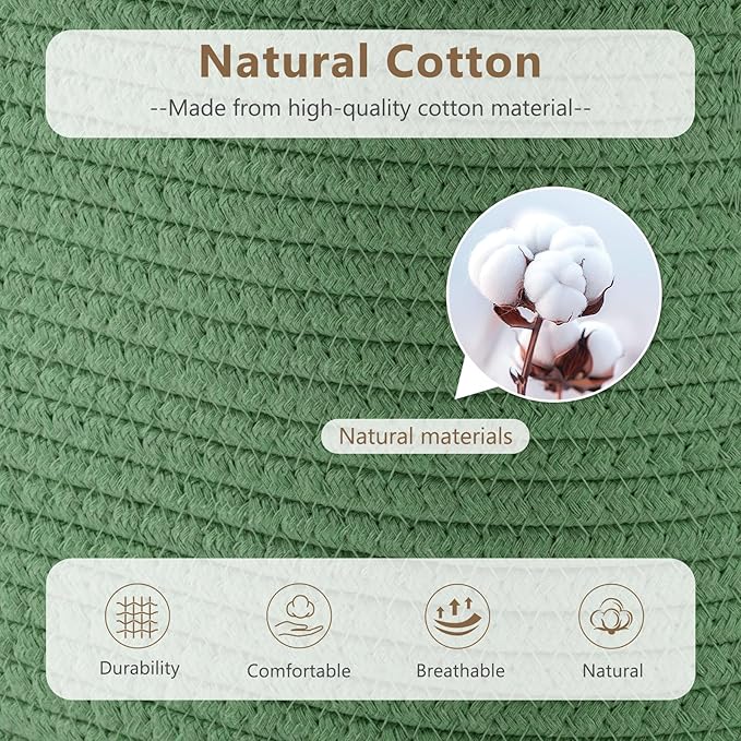 ECDYQXVU Cotton Rope Basket, Storage Baskets with Handle, 15x10x9 Inch Woven Basket for Shelves, Laundry, Towels, Clothes, Books (Green 2Pack)