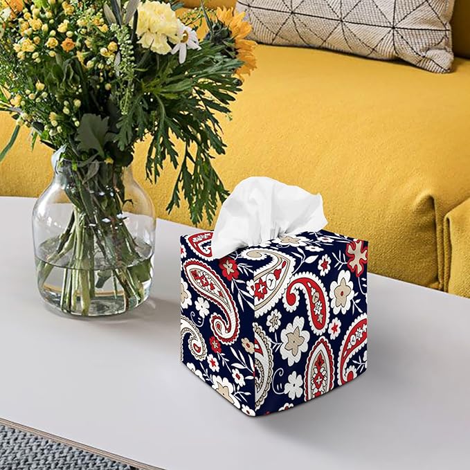 Tissue Box Cover Square Decorative Tissue Box Holder Cute Funny Cube Tissue Case Cover-Paisley Floral Tissue Box Cover
