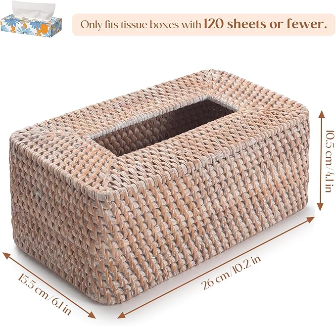 Rattan Tissue Box Cover, Rectangle Wicker Tissue Box Holder, Boho Tissue Box Cover for Living Room, Bathroom, Kitchen, Bedroom, 10.2 x 6.1 x 4.1 inch, Whitewash