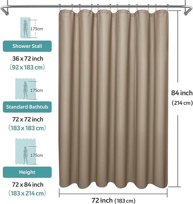 Vipfree 3 in 1 Shower Curtain Set, Waffle Shower Curtain and Liner Set with 12 Double Sided Shower Curtain Hooks, 258GSM Luxury Weighted Cloth Shower Curtains for Bathroom, 72 W x 84 H, Beige