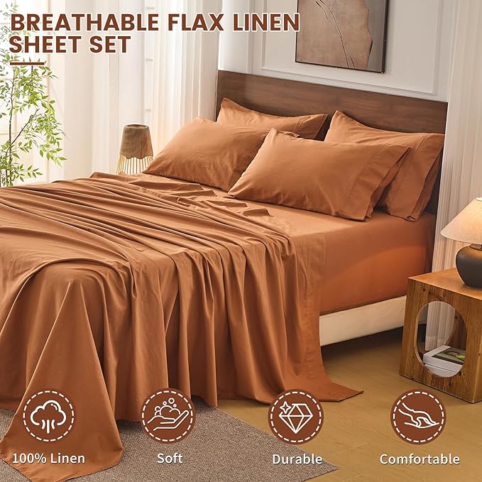 Bedlifes 100% French Flax Linen Sheets Set King Size - 6 Piece Extra Deep Pocket 18-24",Soft Breathable King Bed Sheets with Temperature Regulating & Moisture-Wicking(Brown